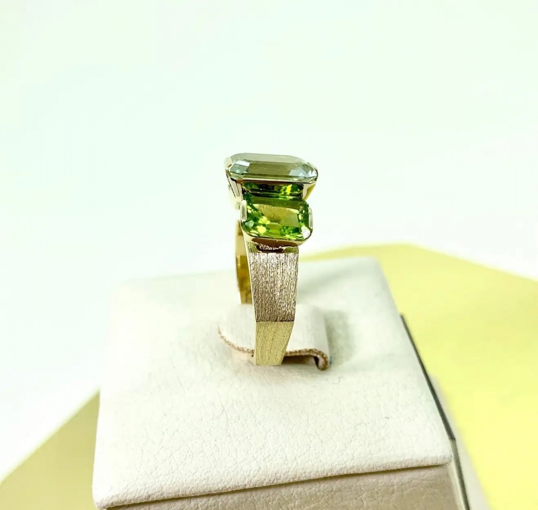 5.3 Carat Natural Green Amethyst and Peridot 14 Karat Yellow Gold Ring