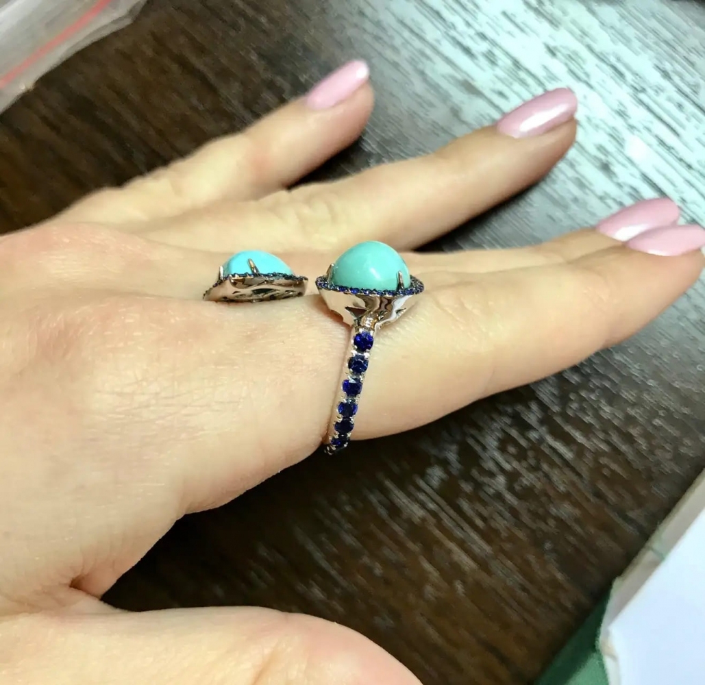 15 Carat Armenian Blue Turquoise Sapphire 14 Karat White Gold Cocktail Ring