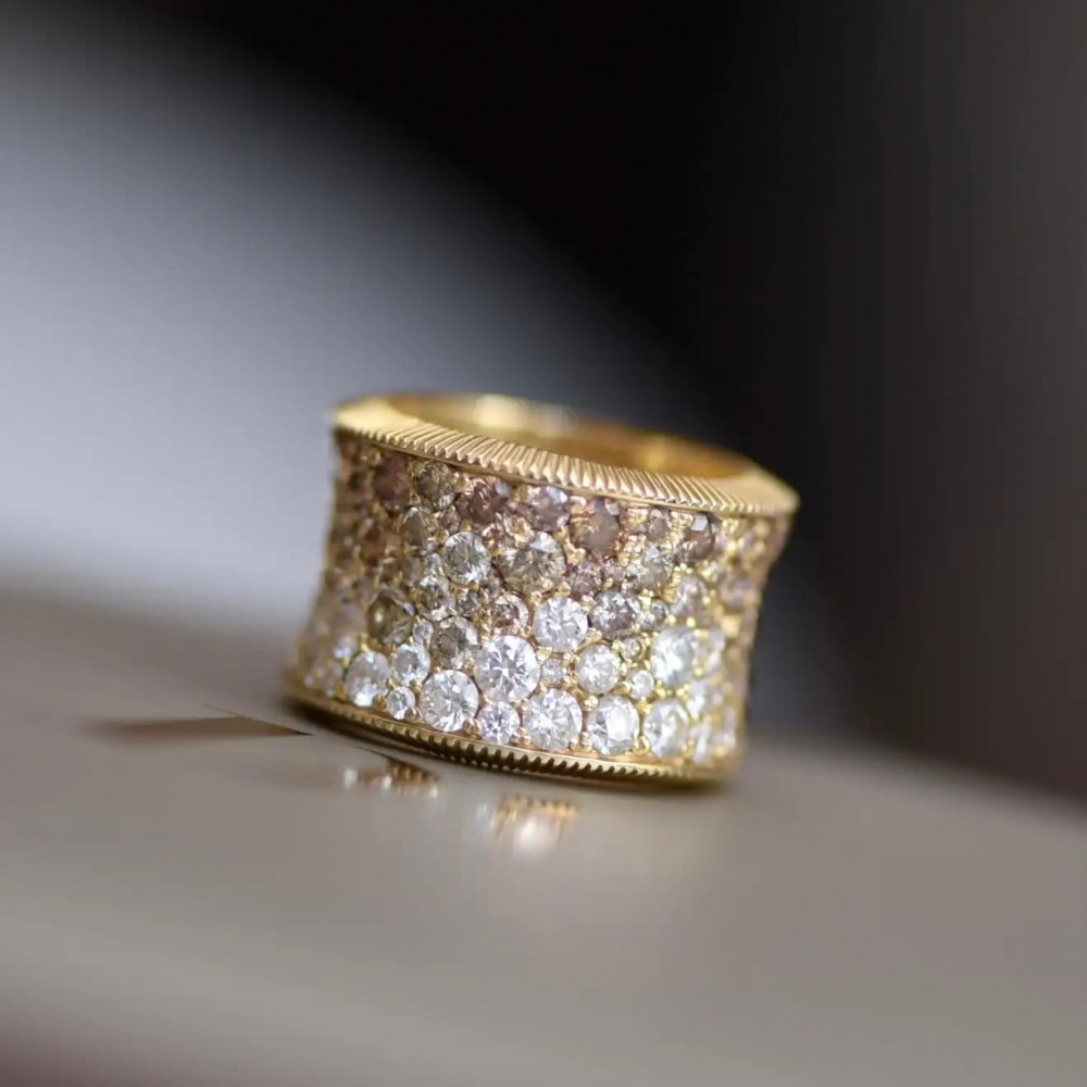 7 Carat Cognac, Champagne, White Diamonds 14 Karat Yellow Gold Ring Glow by D&A