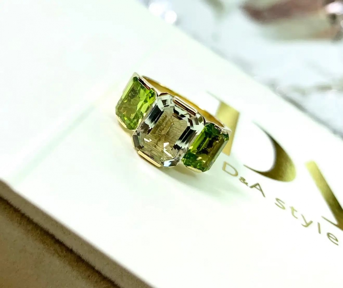 5.3 Carat Natural Green Amethyst and Peridot 14 Karat Yellow Gold Ring