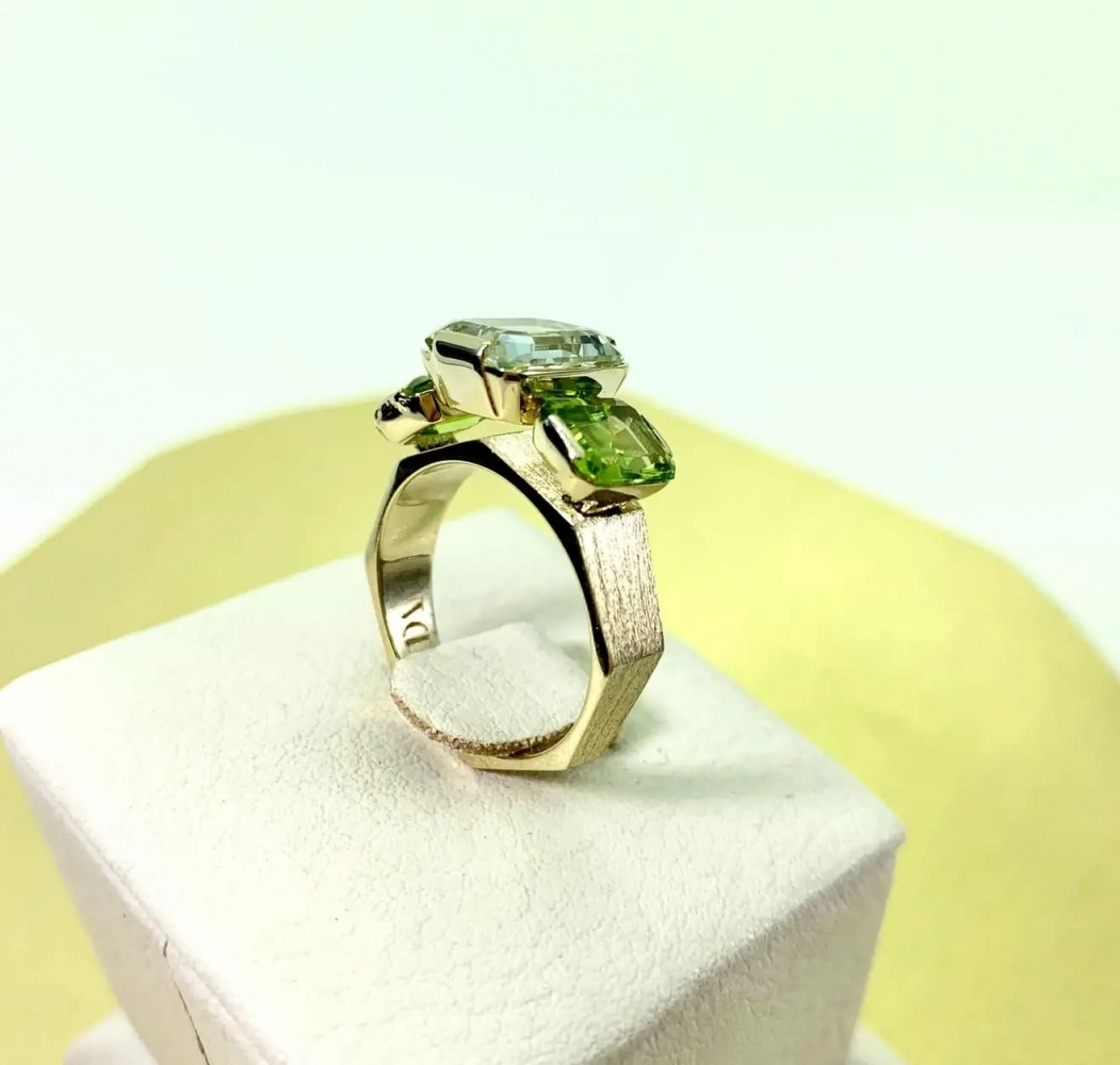 5.3 Carat Natural Green Amethyst and Peridot 14 Karat Yellow Gold Ring