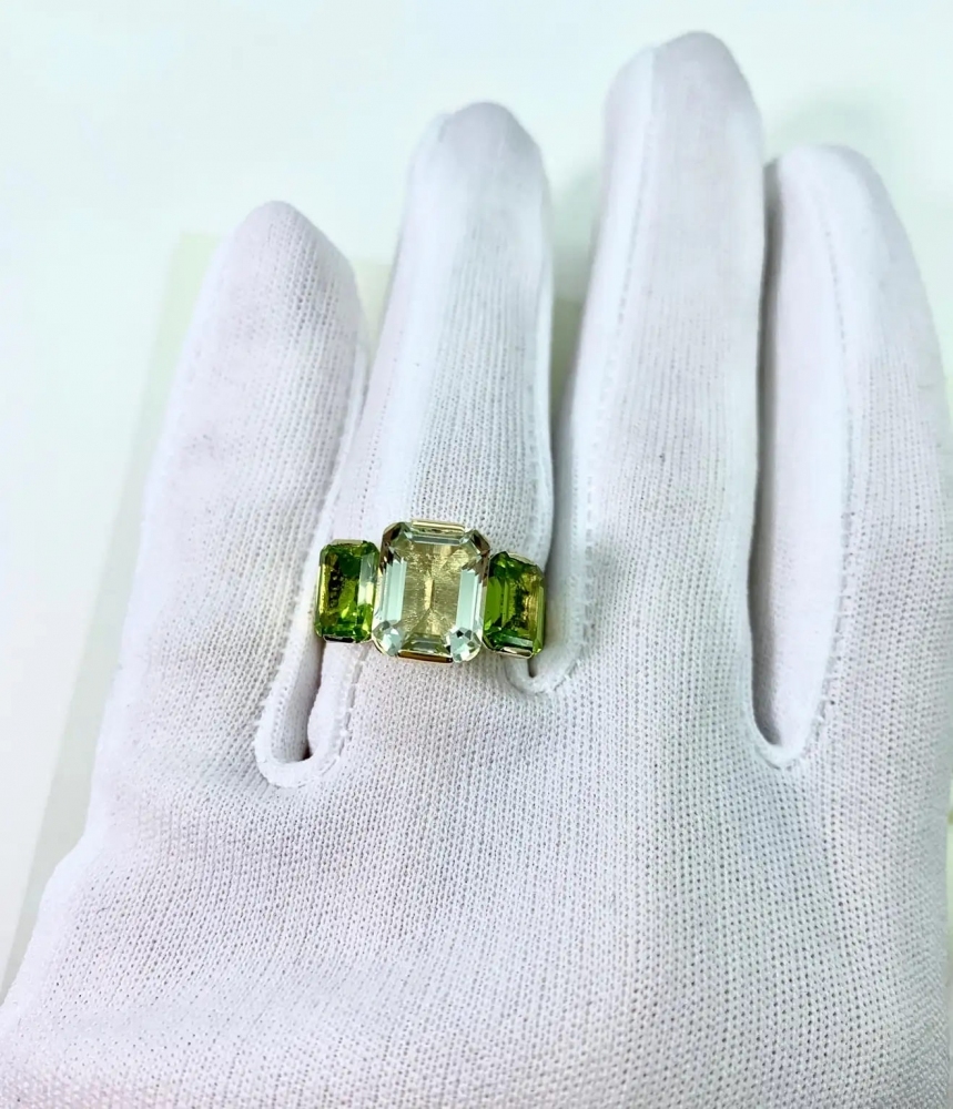 5.3 Carat Natural Green Amethyst and Peridot 14 Karat Yellow Gold Ring